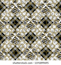 Plaid, tartan seamless with Zebra Stripes Pattern. Zebra print, animal skin, tiger stripes, abstract pattern, fabric. Amazing vector illustration. Poster, banner. Black and white artwork,