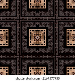 Plaid tartan squares seamless pattern. Vector colorful greek background. Tribal ethnic style repeat backdrop. Modern design with squares, frames, borders, lines, stripes. Greek key, meanders ornament.