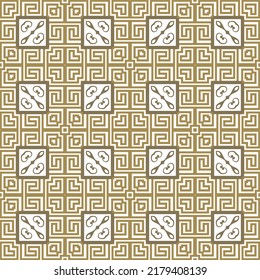 Plaid tartan squares seamless pattern. Greek vector white background with colorful squares, frames, swirls. Repeat backdrop. Golden geometric ornaments. Modern patterned design. Endless texture.