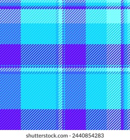 Plaid tartan texture of background fabric check with a textile seamless vector pattern in bright and cyan colors.