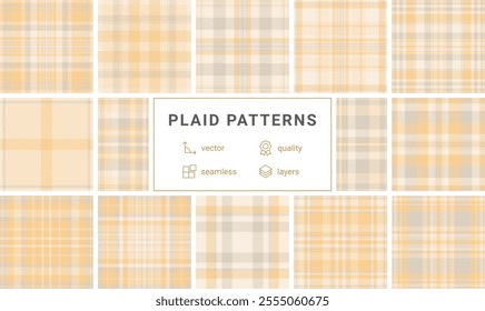 Plaid textile collection with a mix of striped and checkered designs, ideal for fabric, shirts, or classic British-themed decor.