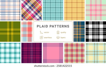 Plaid textile collection with a mix of striped and checkered designs, ideal for fabric, shirts, or classic British-themed decor.