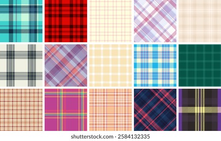 Plaid textile collection with a mix of striped and checkered designs, ideal for fabric, shirts, or classic British-themed decor.