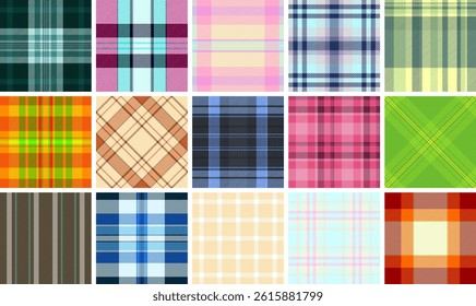 Plaid textile collection with a mix of striped and checkered designs, ideal for fabric, shirts, or classic British-themed decor.