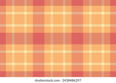 Plaid textile fabric of background texture pattern with a seamless check tartan vector in orange and red colors.