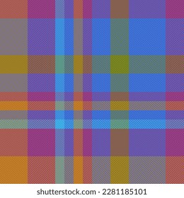 Plaid textile pattern. Fabric seamless tartan. Check texture background vector in cyan and orange colors.