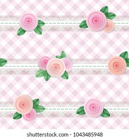 Plaid textile seamless pattern background, decorated with lace and roses. Girly. Vector