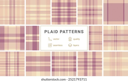 A plaid textile set with striped and check patterns, perfect for rustic shirts, trendy fabric prints, or classic wallpaper.
