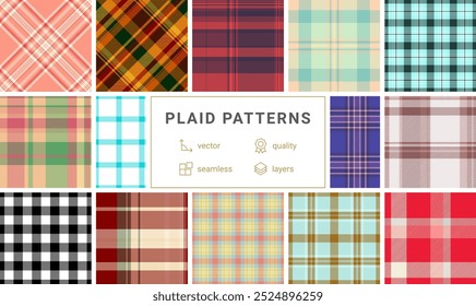 A plaid textile set with striped and check patterns, perfect for rustic shirts, trendy fabric prints, or classic wallpaper.