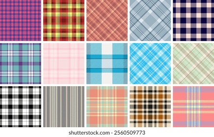 A plaid textile set with striped and check patterns, perfect for rustic shirts, trendy fabric prints, or classic wallpaper.