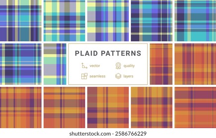 A plaid textile set with striped and check patterns, perfect for rustic shirts, trendy fabric prints, or classic wallpaper.