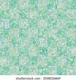 Plaid texture depicting grass and leaves. Seamless pattern. Green, blue and yellow shades.