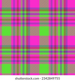 Plaid texture fabric of check pattern tartan with a textile vector background seamless in violet and green colors.