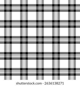 Plaid with twill weave repeat pattern in black and white.Checkered tartan seamless pattern with stripes.Graphic vector illustration texture background for fabric and prints.