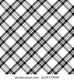 Plaid with twill weave repeat pattern in black and white.Checkered tartan seamless pattern with stripes.Graphic vector illustration texture background for fabric and prints.