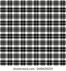 Plaid with twill weave repeat pattern in black and white.Checkered tartan seamless pattern with stripes.Graphic vector illustration texture background for fabric and prints.