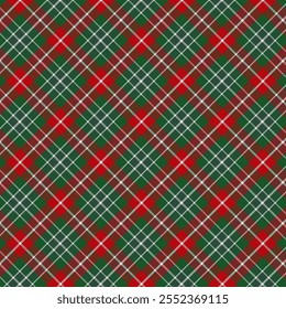 Plaid with twill weave repeat pattern.Checkered tartan  gingham seamless pattern in green red white.Geometric graphic vector illustration background design for fabric and prints.