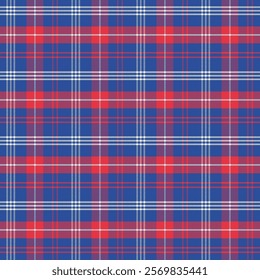 Plaid with twill weave repeat pattern.Checkered tartan gingham seamless pattern in blue red white.Geometric graphic vector illustration background design for fabric and prints.