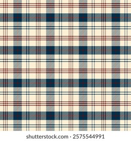 Plaid with twill weave repeat pattern.Checkered tartan  gingham seamless pattern in beige red blue.Geometric graphic vector illustration background design for fabric and prints.