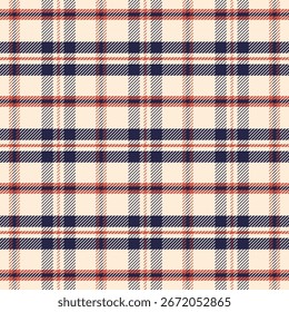 Plaid with twill weave repeat pattern.Checkered tartan gingham seamless pattern in navy blue orange beige.Geometric graphic vector illustration background design for fabric and prints.