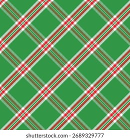 Plaid with twill weave repeat pattern.Checkered tartan gingham seamless pattern in green red white for Christmas.Geometric graphic vector illustration background design for fabric and prints.