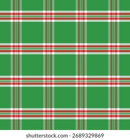 Plaid with twill weave repeat pattern.Checkered tartan gingham seamless pattern in green red white for Christmas.Geometric graphic vector illustration background design for fabric and prints.