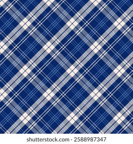 Plaid with twill weave repeat pattern.Gingham seamless pattern in blue and white.Checkered tartan Geometric graphic vector illustration background design for fabric and print.