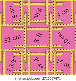 A Plaid Type Grid of Hand Drawn Yellow Tape Measures with Measurements on Hot Pink Creating a Seamless Pattern Print