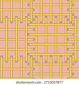 A Plaid Type Grid of Hand Drawn Yellow Tape Measures on Muted Orange Creating a Seamless Pattern Print