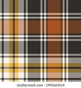 Plaid vector pattern in cognac brown, yellow, white for autumn design. Seamless herringbone textured dark graphic background for scarf, blanket, duvet cover, throw, other modern fashion textile print.