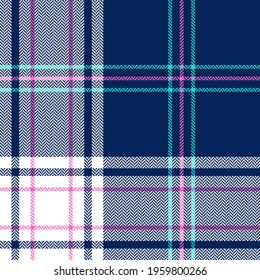 Plaid vector pattern colorful in blue, pink, green, white. Seamless herringbone tartan check in tropical colors for spring summer womenswear flannel shirt, blanket, scarf, other modern fabric print.