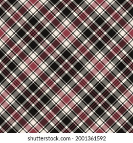 Plaid vector pattern herringbone in black, red, off white. Seamless dark tartan check graphic background for flannel shirt, skirt, scarf, other modern spring summer autumn winter fashion fabric print.