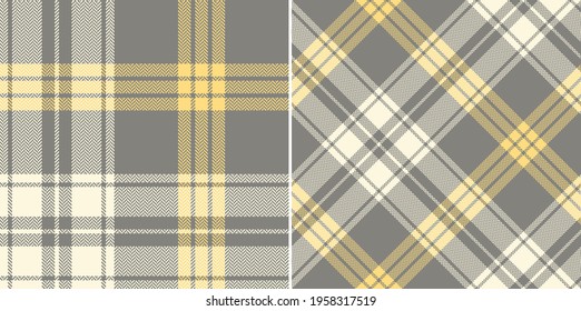 Plaid vector pattern herringbone in grey, yellow, off white. Seamless large simple tartan graphic for flannel shirt, scarf, duvet cover, blanket, other modern spring summer fashion textile print.