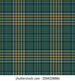Plaid vector pattern for spring autumn winter in green and gold. Seamless dark glen tartan check plaid graphic for jacket, flannel shirt, skirt, blanket, throw, other modern fashion textile print.