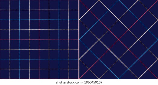 Plaid vector pattern tattersall in navy blue, red, beige. Seamless simple classic basic thin line geometric windowpane grid tartan checks for modern spring summer autumn winter fashion fabric print.