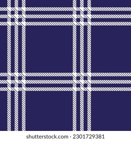 Plaid white, navy blue repeat pattern. Thin line tartan seamless pattern. Great for fabric, scarf, flannel, shirt, skirt, dress, other clothing, tablecloth, textile, wrapping paper and more.