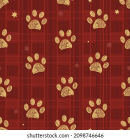 
Plaid winter time seamles red pattern with doodle paw prints