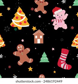 Plaid winter time seamless pattern and Christmas black background