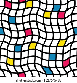 Plaids irregular handdrawn. Vector seamless pattern. Black grid with yellow, blue, and pinkish red colored squares. Optical Illusion.