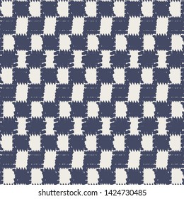 Plaids with jagged or torn edges alternating in ivory and blue. Textile pattern. Carpet texture. Vector illustration.