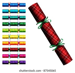 Plaid/Tartan Christmas crackers in a variety of colours on a white background in vector format.