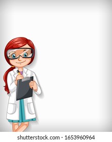 Plain background with female doctor writing on board illustration