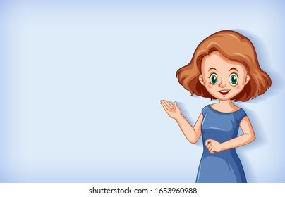 Plain background with female presentor in blue dress illustration