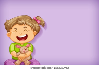 Plain background with happy girl and rabbit doll illustration