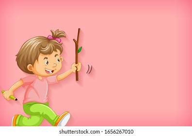 Plano de fundo com menina feliz com uma ilustração de vara de madeira
