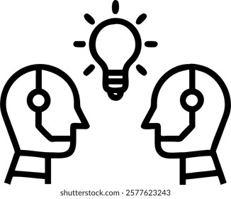 Plain background with human and robot exchanging ideas concept as An image featuring a human and a robot exchanging light bulb icons over their heads on a plain background. This sy