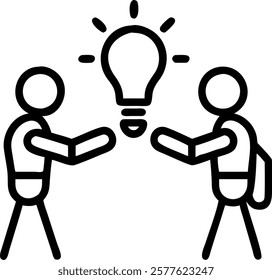 Plain background with human and robot sharing a light bulb concept as An image featuring a human and a robot both holding a glowing light bulb on a plain background. This symbolize