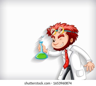 Plain background with mad scientist holding chemical illustration