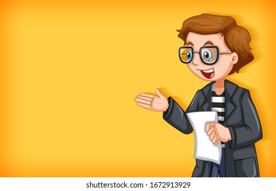 Plain background with male reporter holding paper illustration