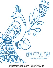 plain background with a picture of a bird on a branch with ornament and inscription beautiful day on white background